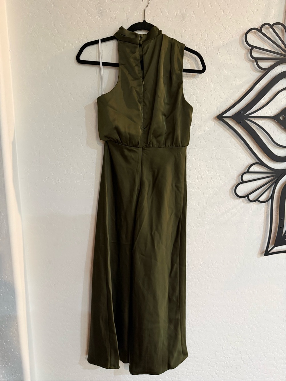 LULUS Distinctive Charm Olive Green Satin Asymmetrical Mock Neck Maxi Dress S - Picture 8 of 13